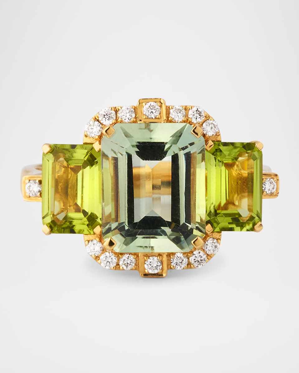 18K Yellow Gold Emerald-Cut Prasiolite and Peridot Statement Ring with Diamonds, Size 6.5